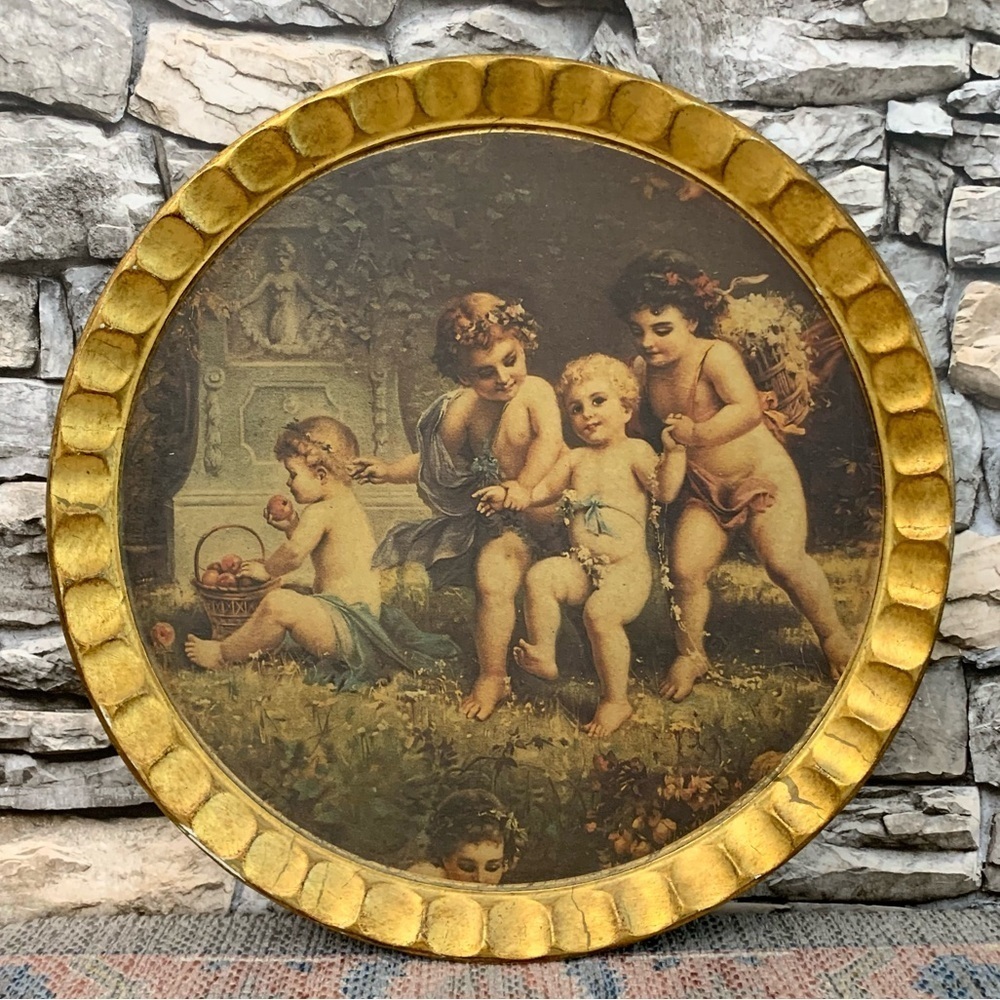 #24 Vintage Italian Florentine Cherubs Angels Sezzatini Gold Gilt Florentia Tray